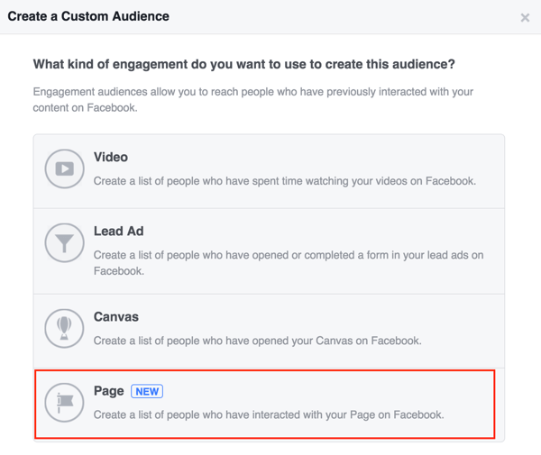 Valige oma Facebooki kohandatud vaatajaskonna loomiseks leht.