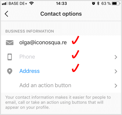 lisage Instagrami ärikonto kontaktandmed