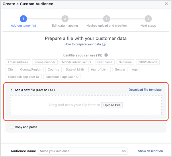 Facebooki klientide andmete üleslaadimine