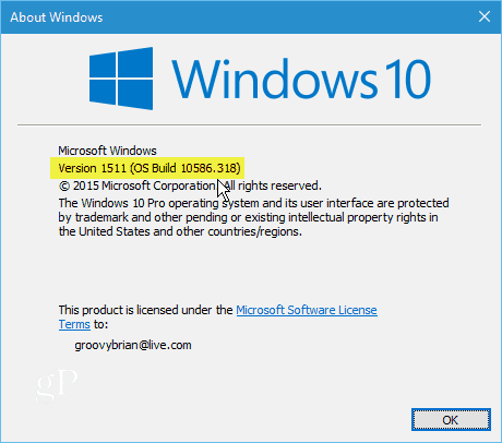 Windows 10 versioon 1511 Build 10586-318
