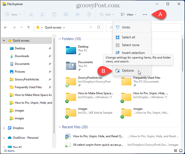 Valige File Exploreris Valikud