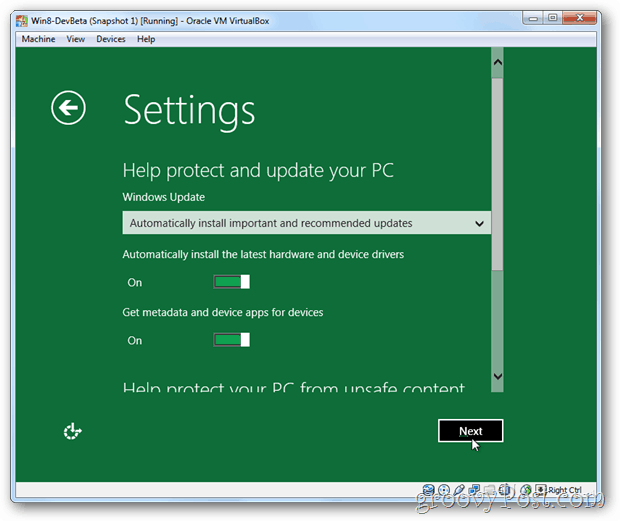 VirtualBoxi Windows 8 sätted ja värskendus