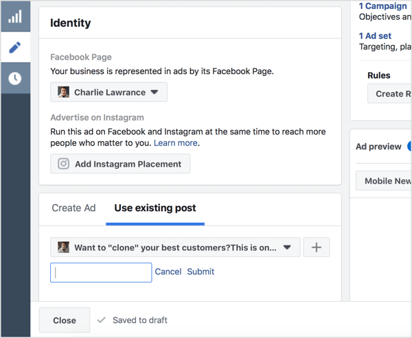 Valige Kasuta olemasolevat postitust ja sisestage Facebooki postituse ID.