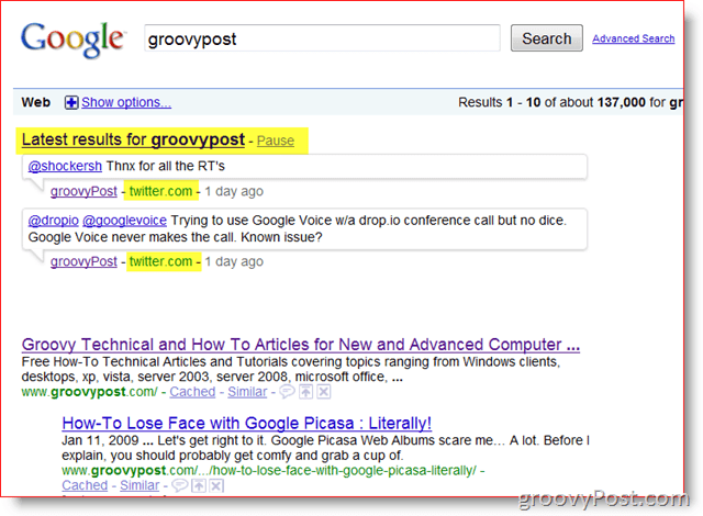 GroovyPost ja Google'i reaalajas otsing