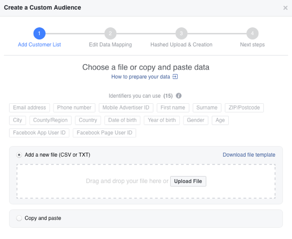Kohandatud e-posti vaatajaskonna loomiseks Facebookis laadige oma meililoend üles CSV-failina.