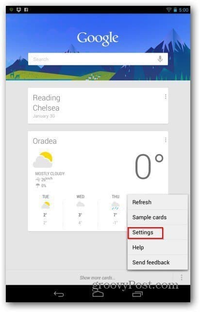 Google Now seadete menüü