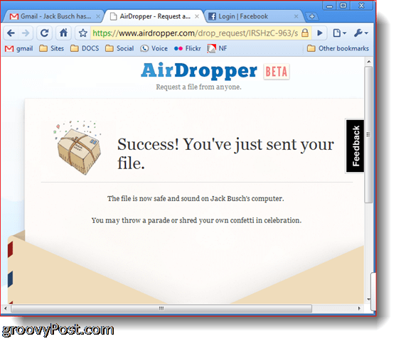 Dropbox Airdropperi foto ekraanipildi edufail on saadetud