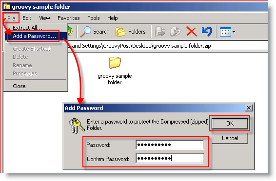 Sisseehitatud tihendamine Windows XP - parooli lisamine