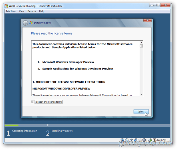 VirtualBox Windows 8 eula aktsepteerib litsentsi