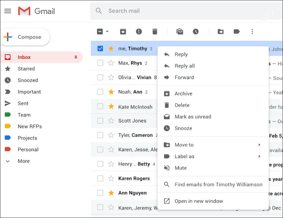 Gmaili paremklõps kontekstimenüül