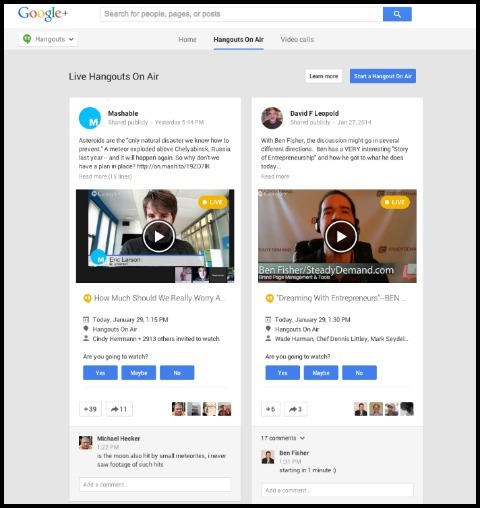 google + hangouts on air vahekaart