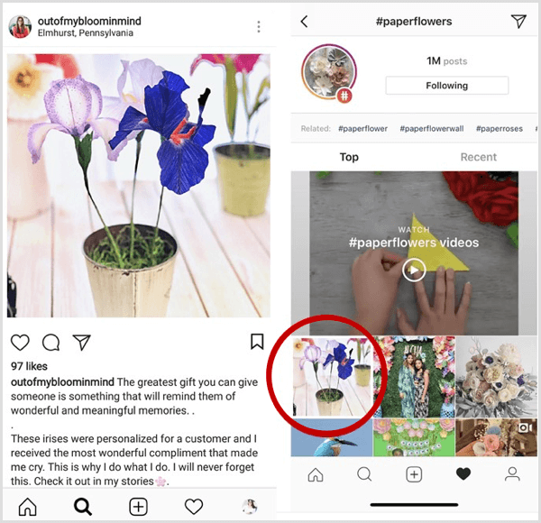 näide Instagrami postitusest, mis kuvatakse konkreetse hashtagi otsingutulemites esimesena