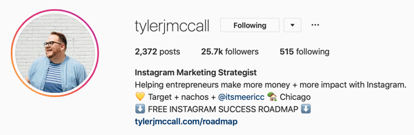 Näide Instagrami äriprofiili pildist ja bioteabest: @tylerjmccall.