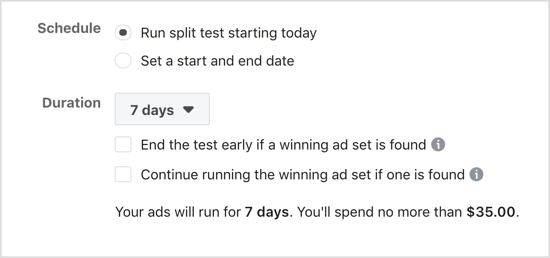 Valige Facebooki jagatud testi jaoks käsk Run Split Split Starting Today.