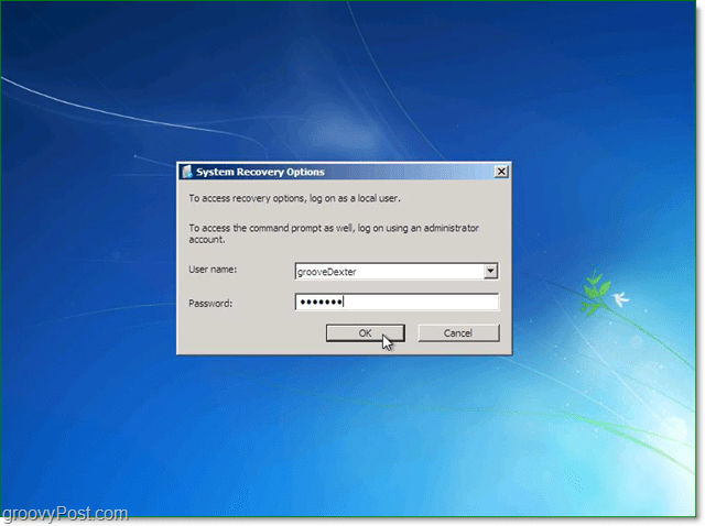 sisestage oma kasutajanimi ja parool Windows 7 süsteemi taastamiseks