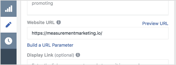 Sisestage Ads Manageri väljale Veebisaidi URL oma peamine link.