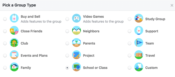 Valige grupi tüüp, et kasutajad saaksid teie grupist rohkem teada.