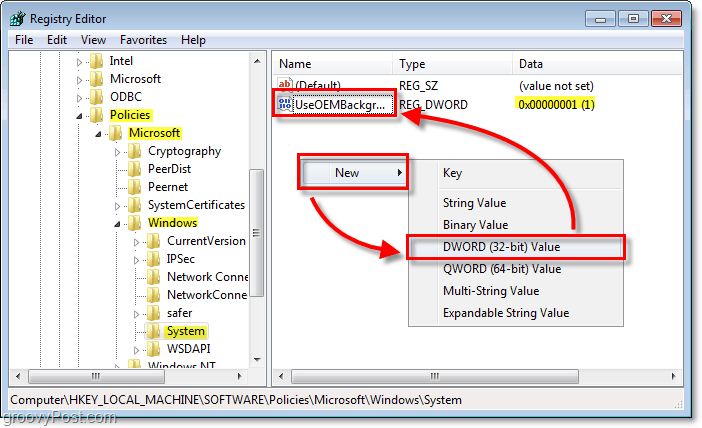 sirvige Windowsi 7 registrivõtit HKEY_LOCAL_MACHINESOFTWAREPoliciesMicrosoftWindowsSystem