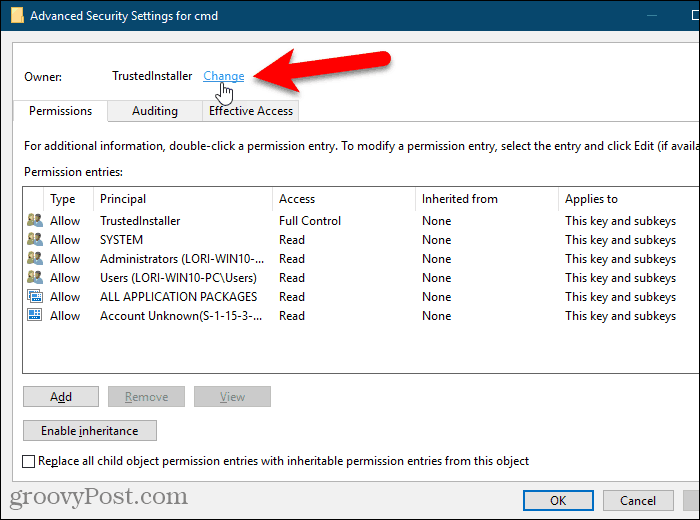 Klõpsake Windowsi registris võtme omaniku linki Muuda