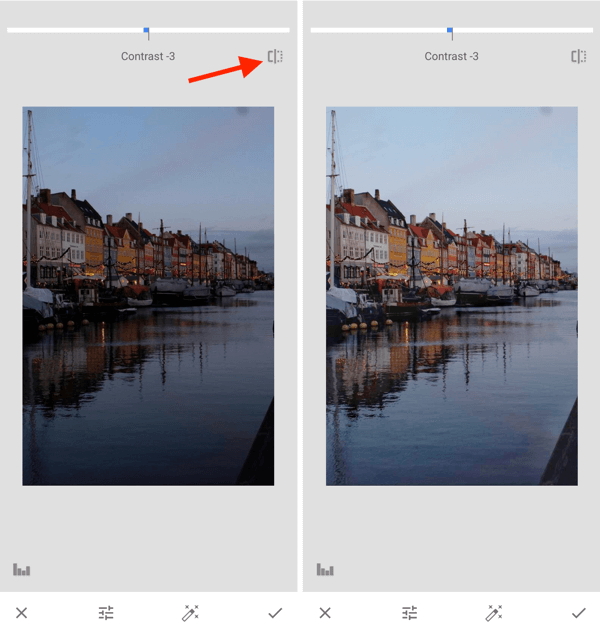 Instagrami fotode paremaks muutmine, samm 10, särituse jäädvustamisjärgsete seadete reguleerimine, et vahetada originaali ja redigeerimise vahel