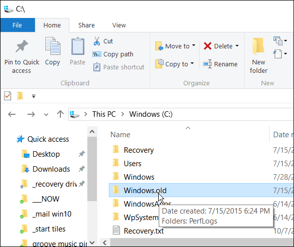 Ärge kustutage Windows.oldi, kui soovite esimese 30 päeva jooksul naasta Windows 10 varasemale versioonile