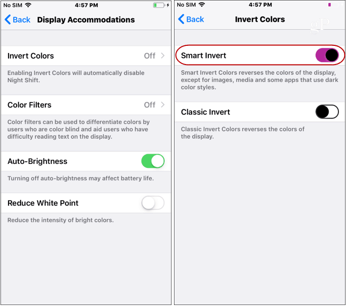 iOS-i tumeda režiimi sätted muudavad värvid ümber