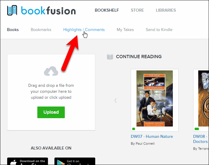 Klõpsake BookFusioni veebiliideses Esiletõstmised / kommentaarid