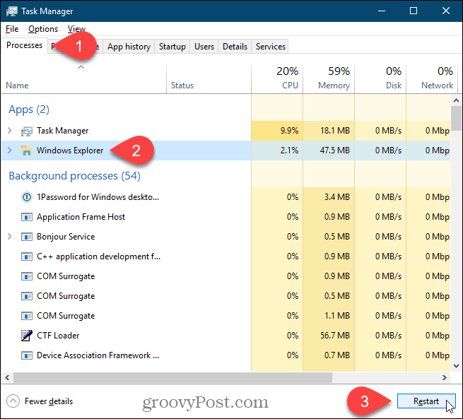 Taaskäivitage Windows Exploreri protsess