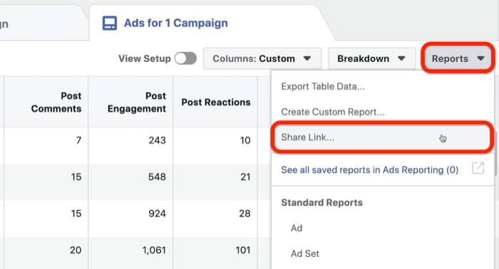 jagage Facebooki reklaamide kohandatud aruannet