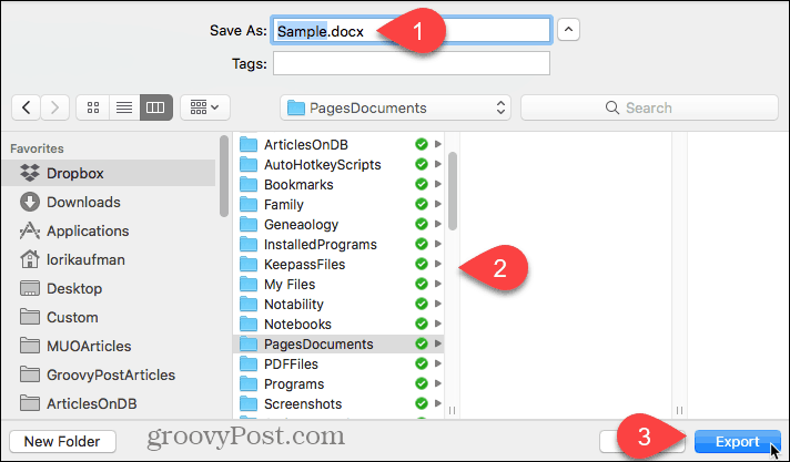 Valige eksporditud faili asukoht ja klõpsake nuppu Pages for Mac