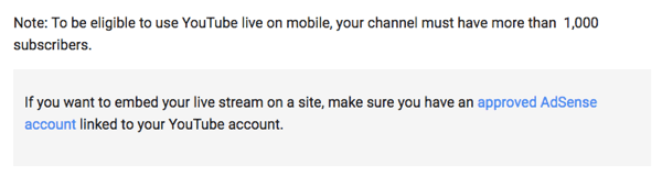 Mobiilse YouTube Live'i jaoks peab teie kanalil olema vähemalt 1000 jälgijat.