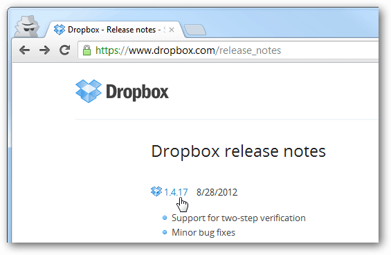 Dropboxi väljaande märkused iga versiooni kohta