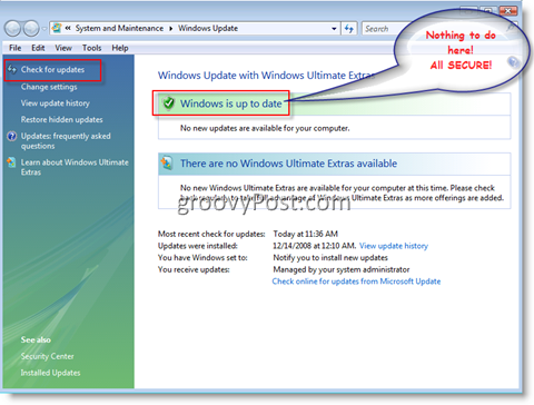 Windowsi värskenduste menüü Windows Vista jaoks