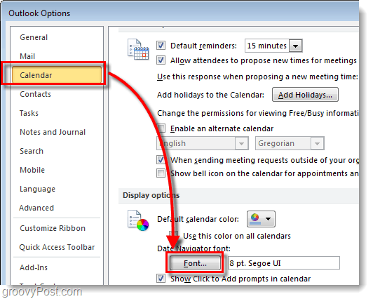 Kuidas muuta Outlook 2010 kalendri kuupäeva navigaatori fonti