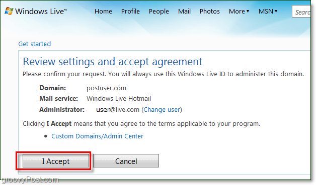 vaadake üle ja aktsepteerige Windows Live'i domeeni e-posti tingimuste lepingut
