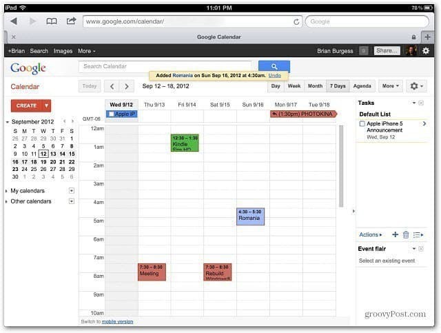 Google'i kalendri iPad
