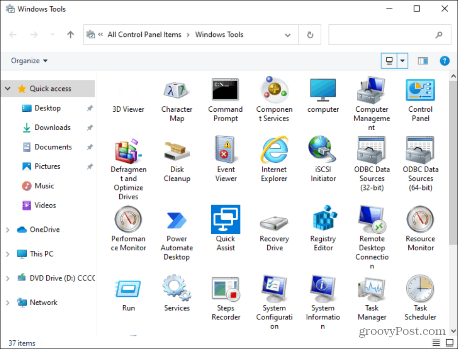 üksused kaustas Windows Tools
