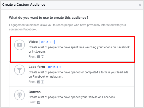 Valige oma Facebooki kohandatud vaatajaskonna jaoks valik Video kaasamine.