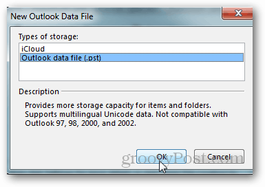 kuidas luua Outlooki 2013 pst-faili - klõpsake Outlooki andmefaili