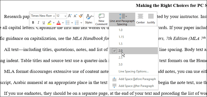 tühikud kasutage Microsoft Wordis mla-vormingut