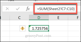 Exceli SUM-valem, kasutades lahtri vahemikku erinevalt töölehelt