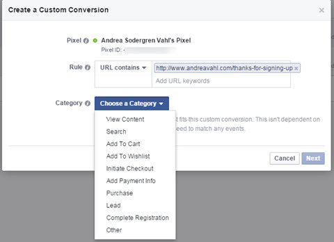 facebooki kohandatud konversioonide kategooria