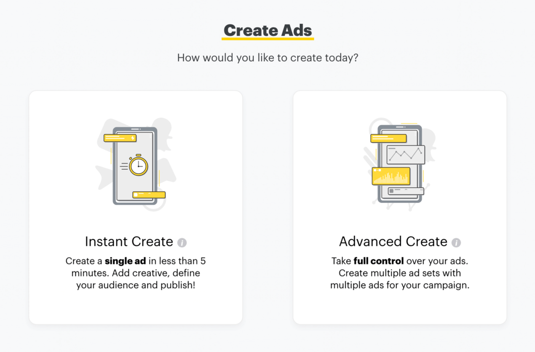 seadistage Snapchati reklaame Instant Create või Advanced Create kaudu