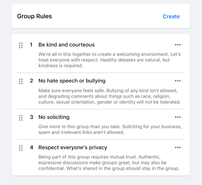 näide facebooki grupile seatud reeglitest, näiteks olge lahke, vihakõnet ei tohi, ei paluta jne.