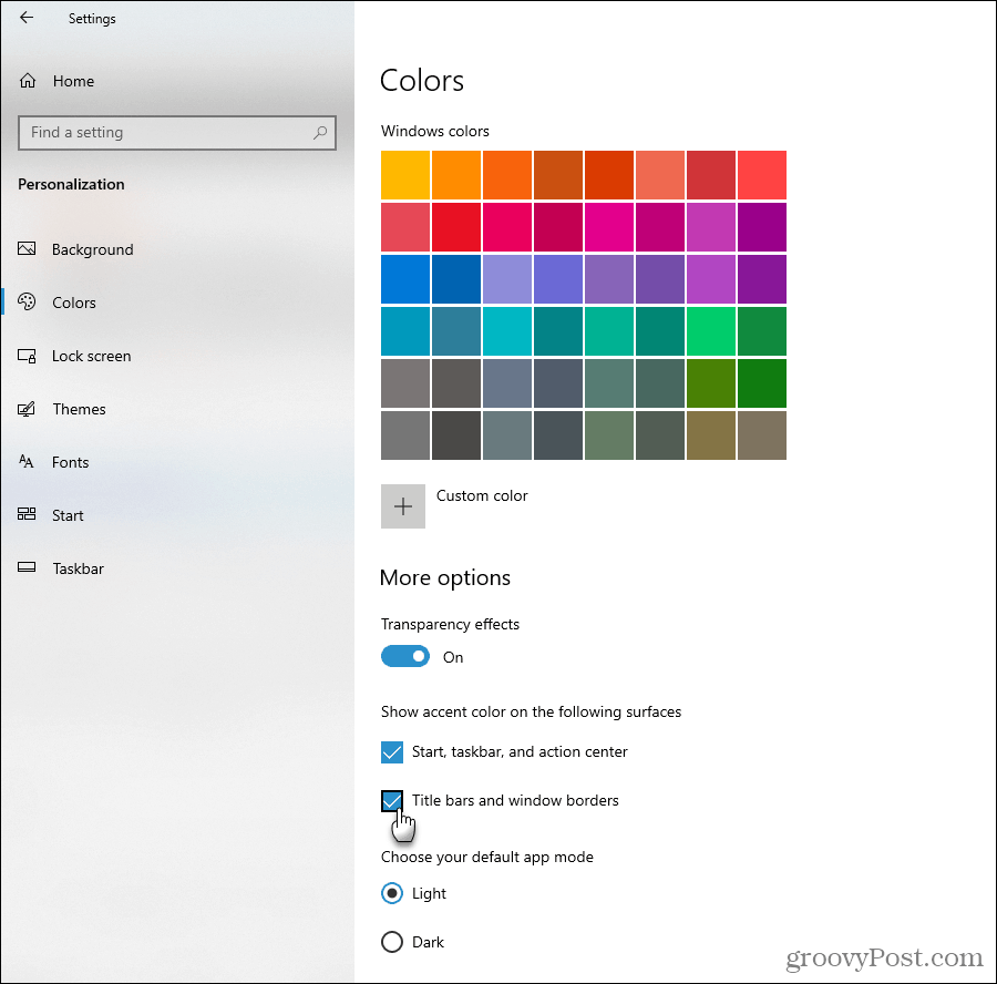 Näita Windows 10-s aktsentvärvi valikuid