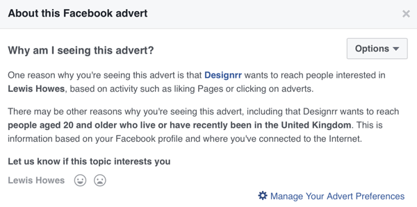Facebook näitab Facebooki reklaami üksikasjalikku sihtimisteavet.