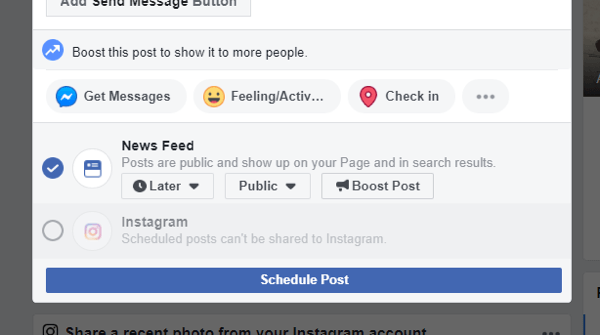 Kuidas töölaualt Facebookist Instagrami postitada, näide ristpostitamise Instagrami valikust pole Facebooki postituse ajastamisel enam saadaval