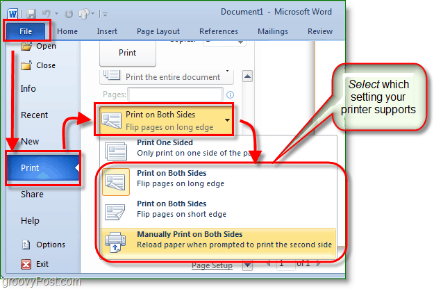 Micosoft Word 2010 ekraanipilt kohandage prindisätteid mõlemale küljele printimiseks