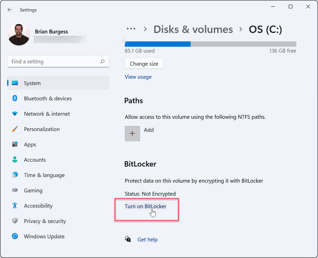 Lülitage Windows 11-s sisse bitlockeri kasutamine bitlockeri krüptimisega