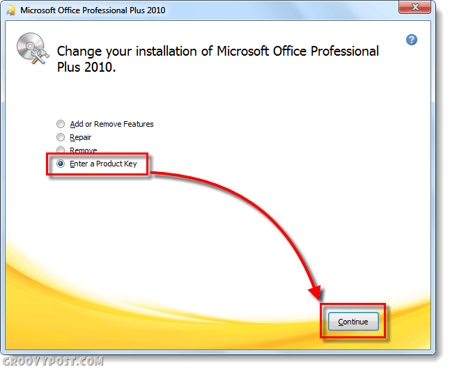 Office 2010 muuda tootevõtme ekraani
